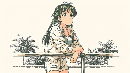 A Thoughtful Girl in Casual Wear Enjoying the Breeze from Her Balcony Surrounded by Nature and Capturing a Peaceful Moment of Reflection and Leisurefulness