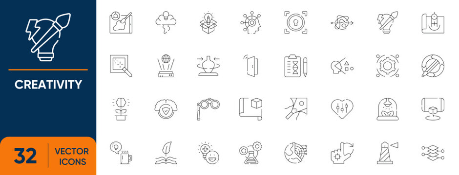 Creativity Icon Set. Containing imagination, Creative idea, inspiration, innovation, brainstorming, thinking and more. Editable vector Line icons collection.