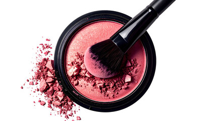 Makeup blush pot with a brush, loose powder, all set against a black backdrop