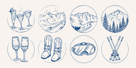 Hand drawn winter and celebration themed sketches in circular frames © Sujal