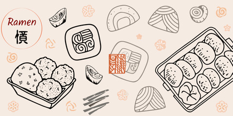 A collection of hand drawn japanese food illustrations on a beige background © Sujal