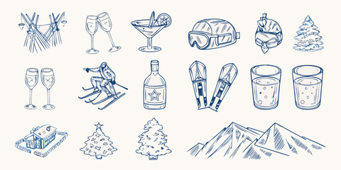 Winter holiday themed doodles including drinks ski gear and festive decorations © Sujal