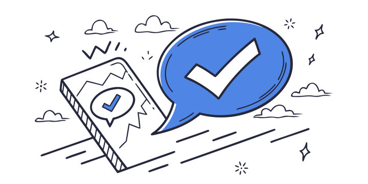 A blue checkmark icon on a white background with a stylized image of a mountain. Vector