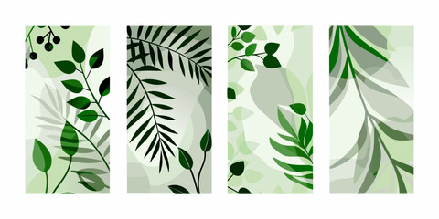 Four vertical panels displaying various green leaf botanical illustrations © Sujal
