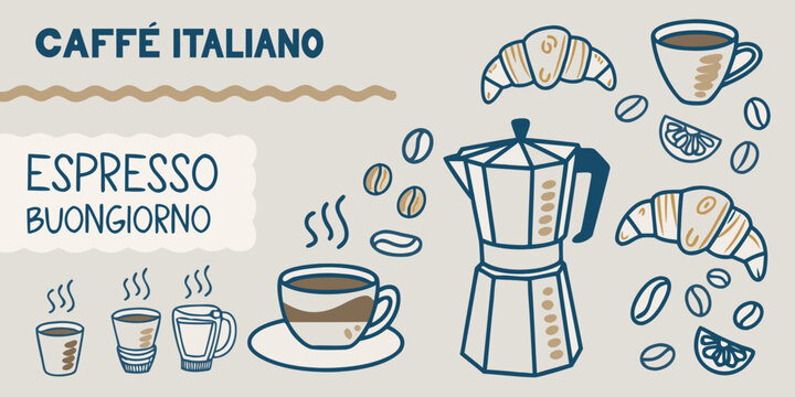 Italian coffee illustration featuring espresso croissants and a moka pot