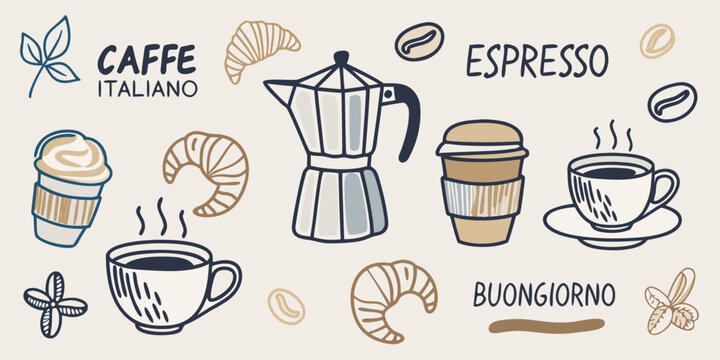 Italian coffee and pastry illustration with decorative elements and text