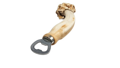 A curved bottle opener crafted from wood and bone, with a silver opening mechanism