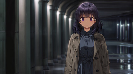 Captivating Anime Female Character Emanating Mystery in Urban Setting with Dramatic Lighting and Unique Fashion Style