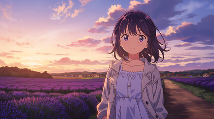 Breathtaking Lavender Fields at Sunset: A Young Girl Embracing Nature's Beauty in a Picturesque Landscape, Capturing the Essence of Freedom and Serenity