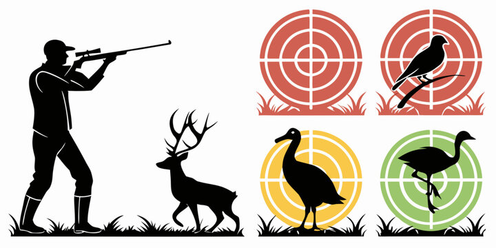 Hunter with bow and arrow aiming at a deer with colorful targets in the background Vector