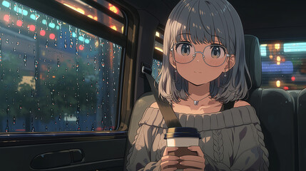 Captivating Urban Lifestyle: A Cozy Moment of Relaxation in a Car on a Rainy Day, Embracing the Warmth of a Beverage Amidst Vibrant City Lights