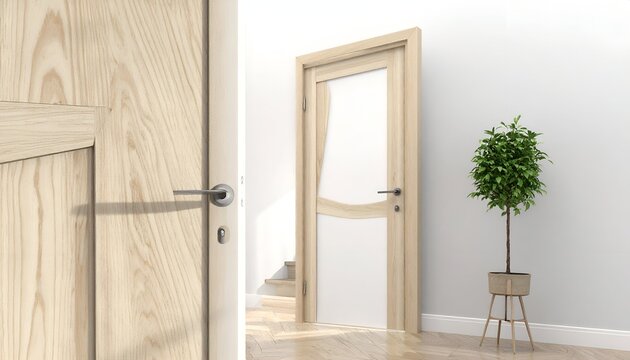 Light wood doors, one with glass, in bright room with plant and small stairs