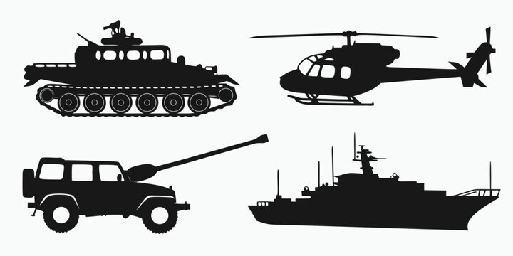 Military vehicles and aircraft in black and white silhouettes Vector