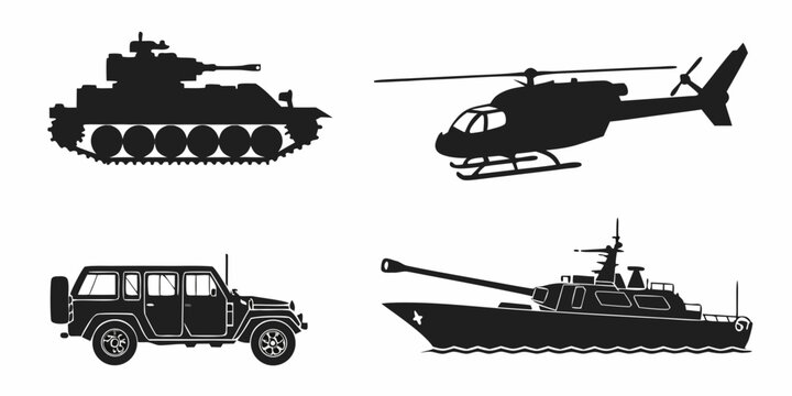 Military vehicles in black and white including a tank, helicopter, limousine, and boat Vector
