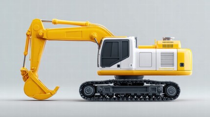 The side profile of a powerful yellow and white excavator ready for construction work.