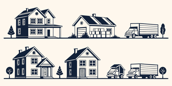 A diverse collection of houses and vehicles in a suburban neighborhood Vector