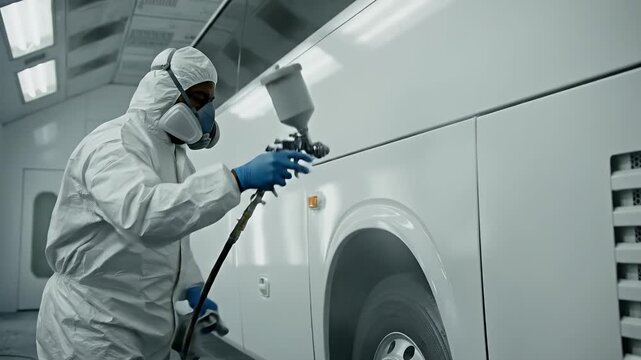 Auto Painter in White Suit Sprays White Bus in Spray Booth
