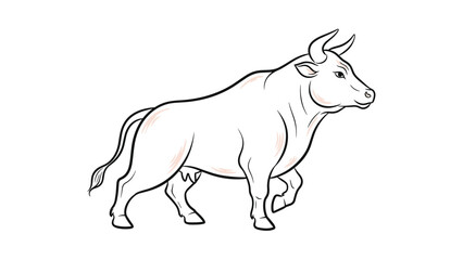 Fototapeta premium Simple black and white line drawing of a powerful bull walking forward with its head turned slightly to the side on white background.