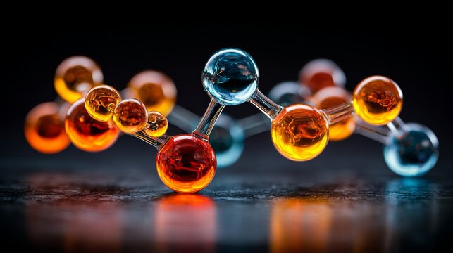 Horizontal scientific banner with transparent glass molecule model structure on clean laboratory background, concept of molecular science, chemistry research, biotechnology innovation, medical technol