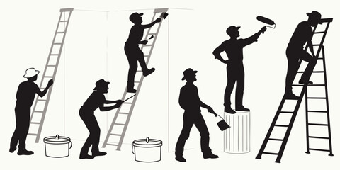 A group of people working together to paint a wall with ladders and buckets Vector © ADOBE
