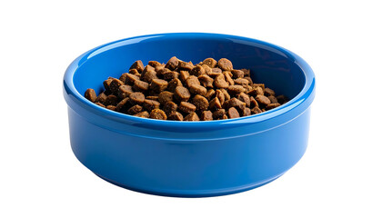 A close-up of a vibrant blue bowl filled to the brim with dry, brown pet food
