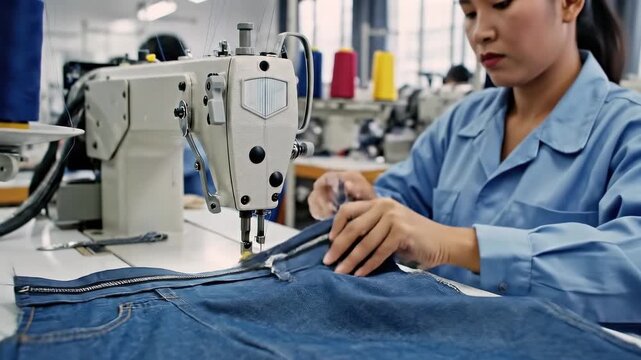 Tailor crafts denim. Seamstress carefully sews jeans. Closeup of sewing process with detailed craftsmanship. Skilled operator adjusts pattern while sewing jeans on industrial machine with precision