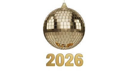 Gold disco ball with 2026 isolated on a transparent background