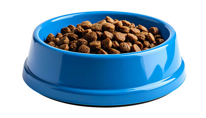Blue plastic bowl overflowing with brown pet food, isolated on a black background