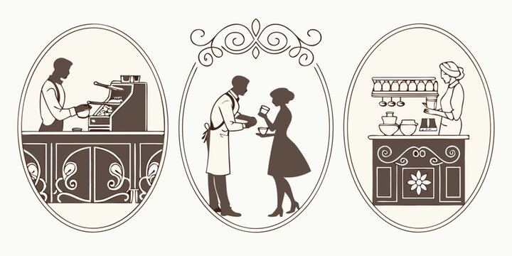 A series of illustrations depicting a man's journey from a factory to a home and finally to a park Vector