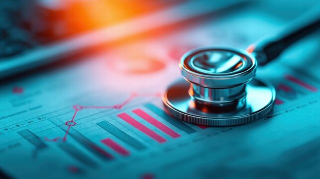 Stethoscope on graph, a metaphor for healthcare finance, business, and medical analysis.