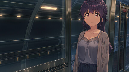 Captivating Anime Portrait: A Young Woman Contemplates Her Journey in a Modern Train Setting Amidst Ambient Lighting and Urban Vibes