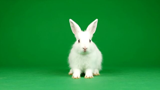 White rabbit running and sitting on green background