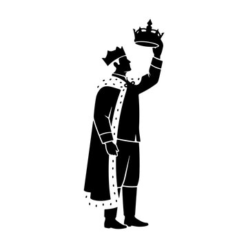 Silhouette of a King Holding a Crown Above His Head.