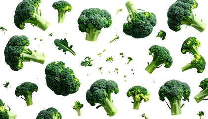 Vibrant green broccoli florets scattered on black, creating a dynamic, healthy food backdrop