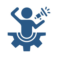 A person celebrating success with a megaphone in front of a gear symbol