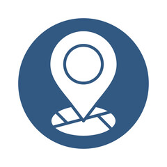 Blue circle icon featuring a white location pin with a dotted line