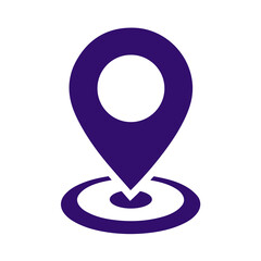 A purple location pin icon with a white circle in the center on a white background