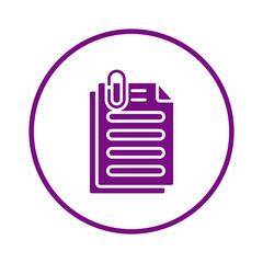 A purple icon of a paperclip attached to a stack of documents within a circle.