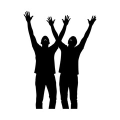 Silhouette of two people with arms raised in celebration.