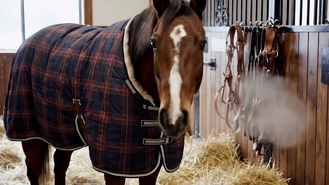 Brown Horse In Plaid Blanket Stands In Stable Hay