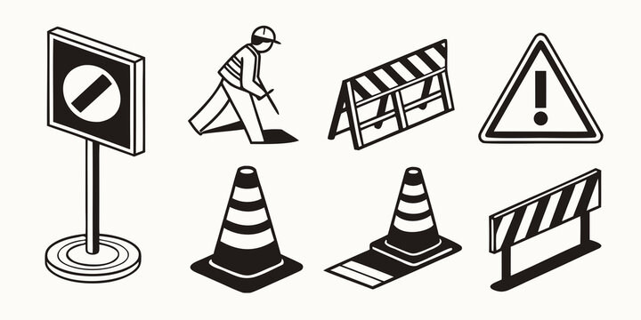Assorted road and construction warning signs and symbols Vector