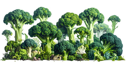 A vibrant collection of fresh, green broccoli florets and stalks, arranged closely