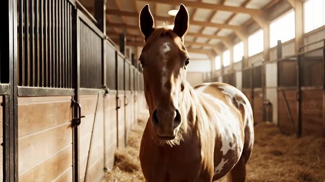 Brown Pinto Horse In Sunlit Stable With Hay Footage
