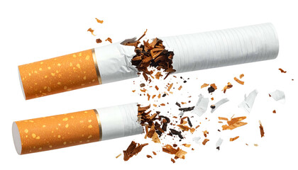 Two cigarettes, one broken mid-shaft with flying debris, isolated on a transparent background