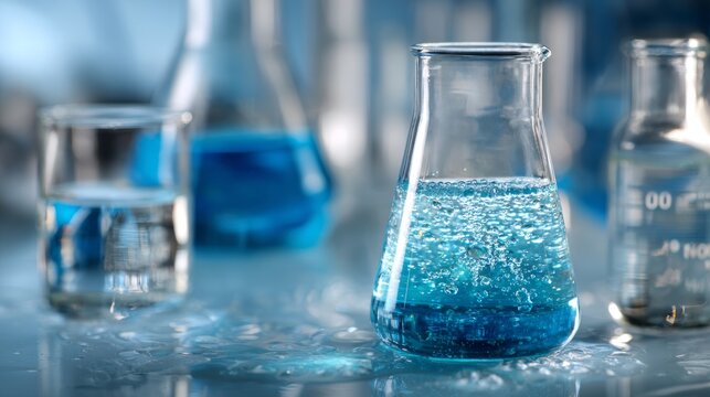 Blue chemistry laboratory background featuring beaker and flask filled with water, scientific experiment concept, laboratory glassware and research equipment for biotechnology and chemistry studies