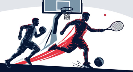 Dynamic illustration of men playing basketball and tennis together. © Desainer