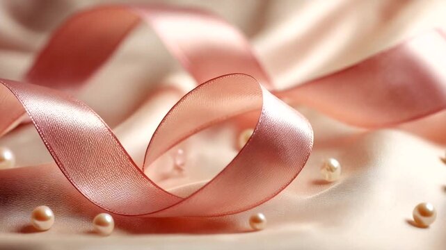 Elegant pink ribbon draped over soft fabric backdrop