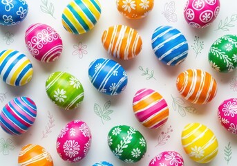 Fototapeta premium Colorful easter eggs with various patterns on a white background with a subtle floral design