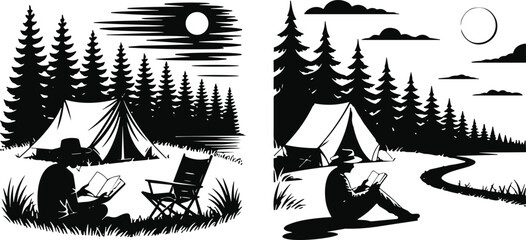Camping silhouettes with man reading book near tent in forest landscape day and night scenes outdoor adventure vector illustration design © Asia