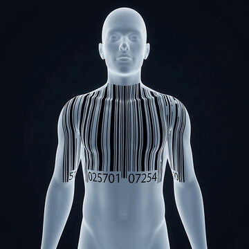Human body with a barcode on chest and arms, representing identity tracking, data security, and the dehumanizing aspect of technology.